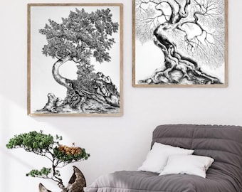 Twisted Tree Wall Art Bundle – Ancient Tree Printable Set – Fantasy Botanical Sketch Pack – Black and White Nature Art – Digital Download