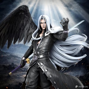 May include: A collectible figurine of a long-haired character with a single large black wing, wearing a black leather-textured coat with silver buckles and straps, holding a long sword with a purple hilt and gold guard, set against a dark sky.