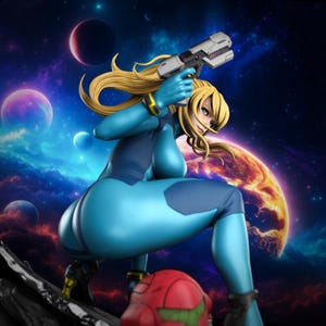 Peut inclure: Une figurine de collection représentant un personnage blond en combinaison bleue, accroupi et tenant un pistolet futuriste gris et noir. Le personnage a de longs cheveux flottants et se trouve devant un fond spatial vibrant avec des planètes.