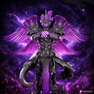 Könnte beinhalten: Eine dunkel gepanzerte Figur mit großen, leuchtend violetten Flügeln und einem passenden, violett leuchtenden Schwert. Die Figur trägt einen Helm mit Stacheln und eine komplexe schwarze Rüstung mit violetten Akzenten vor einem kosmischen Hintergrund.