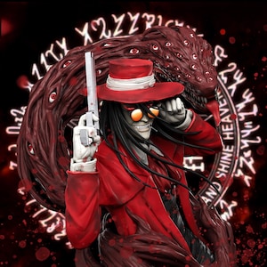 May include: A figurine of a character with long black hair, wearing a red coat and hat, orange-tinted glasses, and white gloves, holding a silver handgun. Behind the figure is a dark red, serpentine creature with multiple eyes and a glowing circular seal.