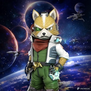 Może przedstawiać: Figurka Fox McCloud przedstawiająca beżowo-białego antropomorficznego lisa w zielonym kombinezonie, czerwonym szaliku oraz biało-niebieskiej kurtce. Postać posiada zielony mechaniczny wizjer i trzyma małe urządzenie na tle kosmicznej przestrzeni.