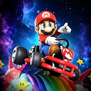 May include: A character wearing a red cap with an M logo, blue overalls, and white gloves driving a red go-kart. The character is positioned on a colorful rainbow track against a dark blue space background with scattered yellow stars.