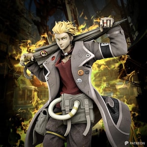 May include: A blonde character figurine wearing a long grey coat over a dark red shirt, holding a long object across their shoulders. The coat features various pins, a white circular belt accessory, and dark grey trousers. The figure has yellow eyes.