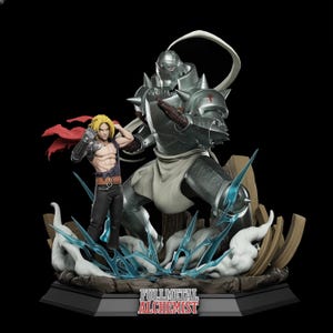 May include: A collectible statue featuring a blonde character with a red cape and a large silver armored figure. The base displays the text FULLMETAL ALCHEMIST in red and white letters, surrounded by blue translucent energy effects and smoke.