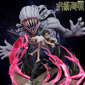 May include: A Jujutsu Kaisen anime figure featuring a large, pale, multi-tentacled creature with sharp teeth looming behind a person in a white shirt and dark trousers holding a sword, who is carrying another person in a blue dress amidst pink energy.