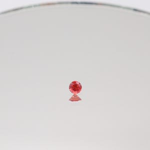 May include: A small, round, faceted red gemstone, possibly a ruby or garnet, is centered on a reflective surface. The gem's facets catch the light, creating a sparkling effect. The background is a soft, out-of-focus white.
