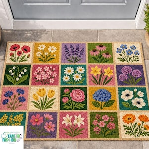 May include: A rectangular doormat featuring a grid of colorful floral designs. Each square showcases a different flower, including poppies, daisies, lavender, and hydrangeas. The mat is made of a natural fiber material.