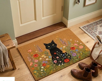Black Cat Doormat, Floral Cat Welcome Mat, Cottagecore Front Door Rug, Wildflower Entryway Mat, Cat Lover Housewarming Gift