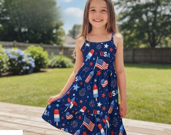 Patriotic USA Girls Dress, 4th of July Kids Dress, American Flag Summer Outfit, Independence Day Party Dress For Little Girls