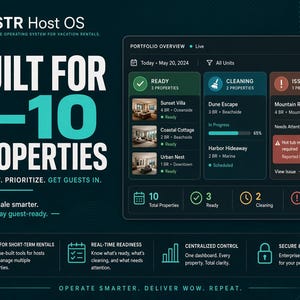 May include: A digital dashboard interface titled STR Host OS for managing 1-10 vacation rental properties. The screen displays a portfolio overview with status categories for ready, cleaning, and issue properties, alongside summary metrics and feature icons.