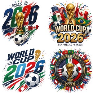 以下が含まれることがあります： FIFAワールドカップ2026のトロフィー、サッカーボール、アメリカ、メキシコ、カナダの国旗をあしらった4つのグラフィックデザイン。ROAD TO 2026、WORLD CUP 2026、USA MEXICO CANADAの文字と、カラフルなペイントスプラッターが描かれています。