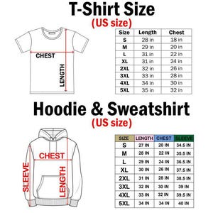 Op de afbeelding: Diagram met maattabellen voor T-shirts en hoodies/sweatshirts. De T-shirt-tabel geeft de maten S-5XL weer met lengte- en borstmaten in inches. De hoodie-tabel geeft ook de maten S-5XL weer met lengte-, borst- en mouwmaten in inches.