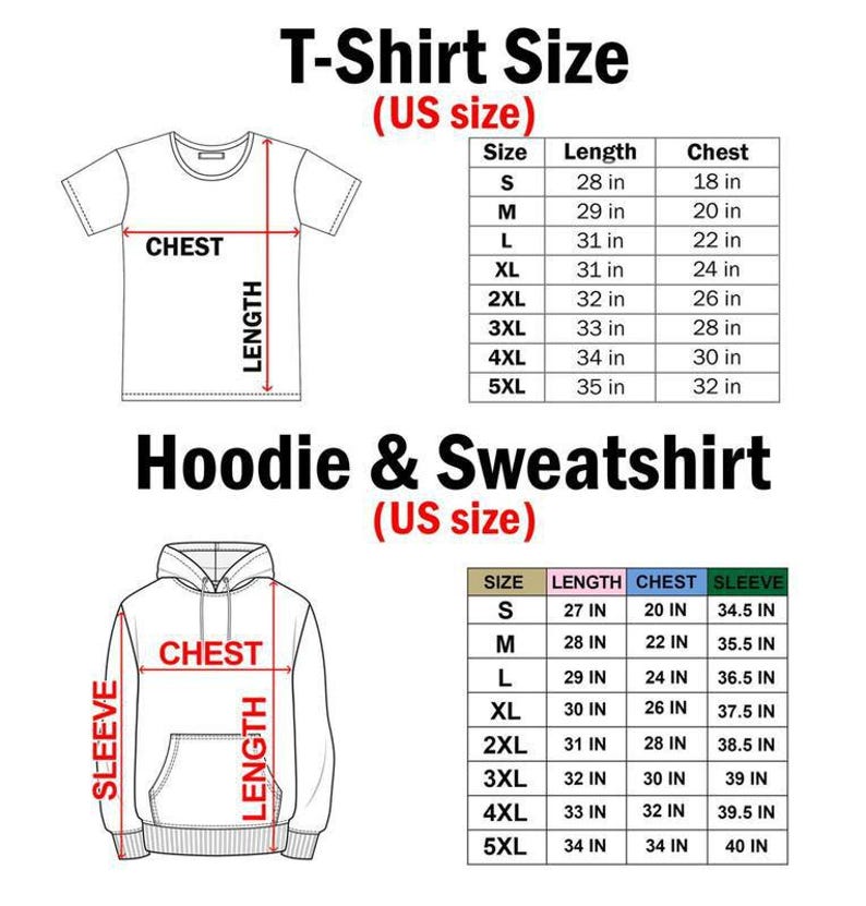 Op de afbeelding: Diagram met maattabellen voor T-shirts en hoodies/sweatshirts. De T-shirt-tabel geeft de maten S-5XL weer met lengte- en borstmaten in inches. De hoodie-tabel geeft ook de maten S-5XL weer met lengte-, borst- en mouwmaten in inches.