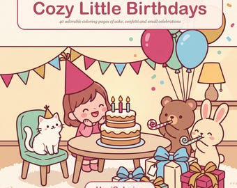 Printable Birthday Coloring Pages with 40 Cakes, Balloons and Party Animals, Instant PDF Download