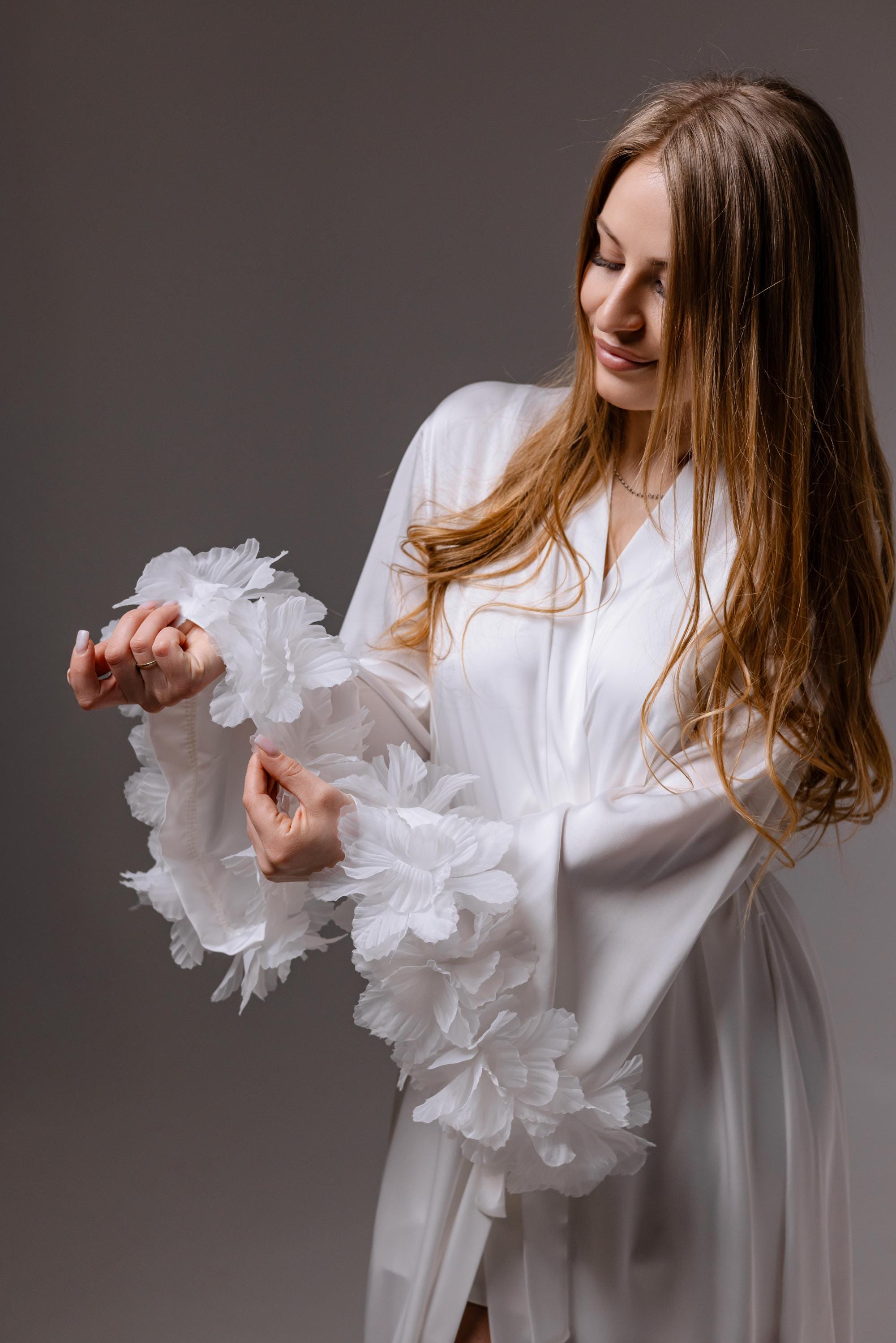 Bridal Robe With Train and 3D Floral Sleeves With Matching Bodysuit ...