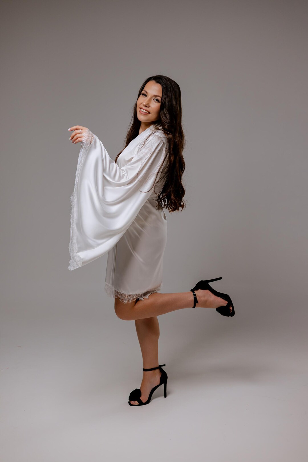 Silk Lace Robe and Pajama Set, Feminine Bridal Loungewear, Wide Sleeve ...