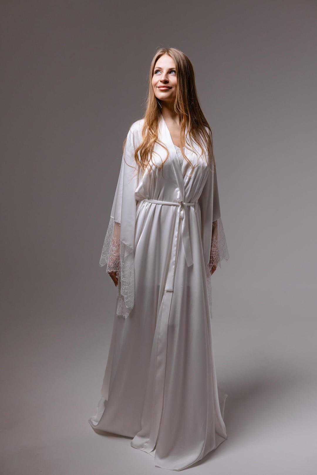 Bridal Rayon Robe With Train and Lace Sleeves, Silk Loungewear Robe ...