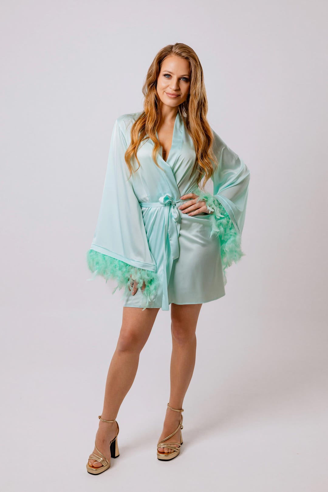 Mint Mini Robe With Feather Sleeves, Spa Day Outfit, Soft Silk Robe for ...