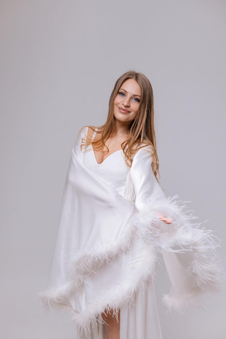 Feather Lined Robe Luxury Feather Robe and Bodysuit Set, Long Silk Robe With Ostrich ...
