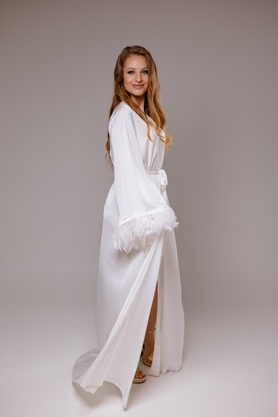 Robe With Feather Trim Sleeves, Long Wedding Getting Ready Robe With ...