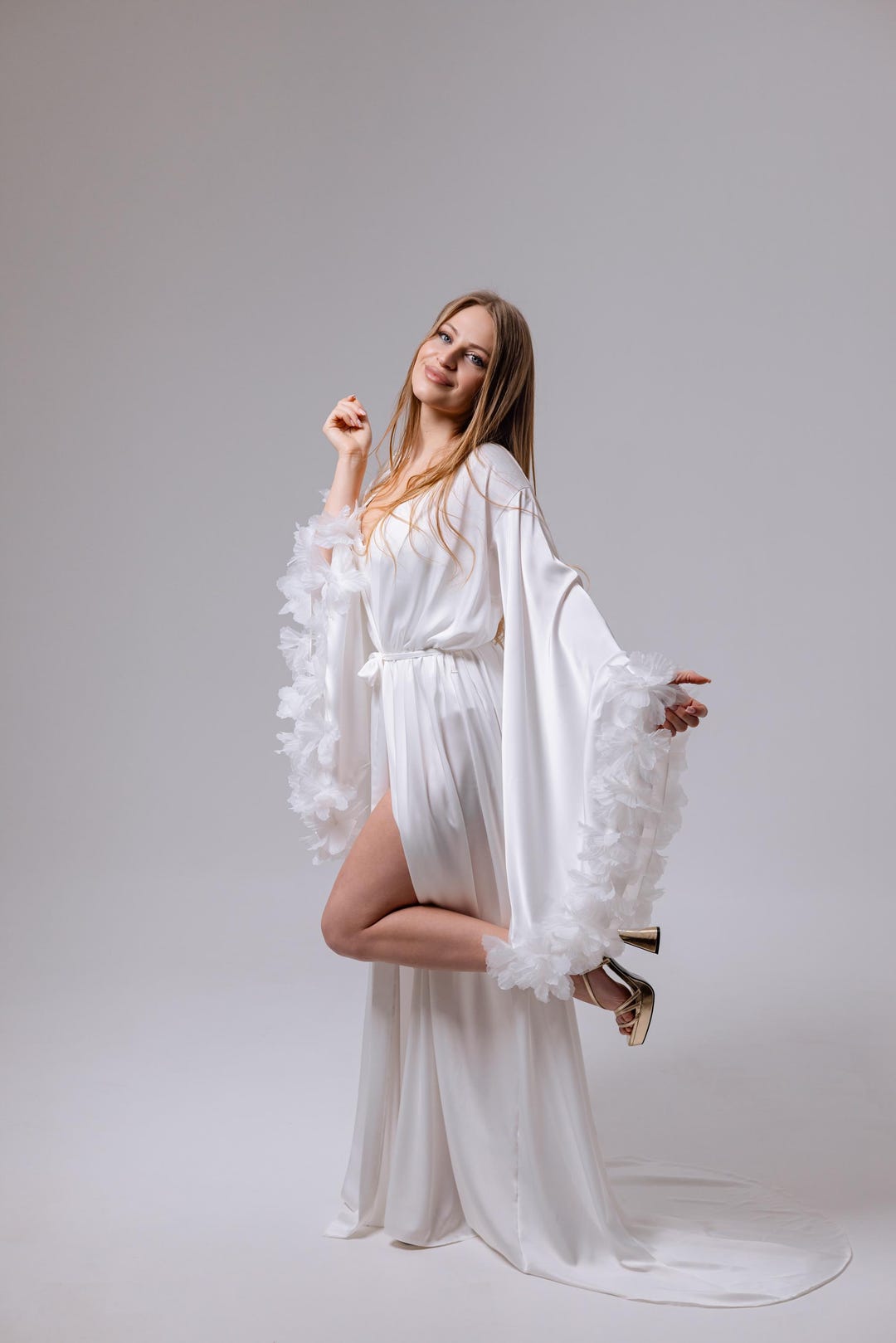 Long Silk Robe With Train and Floral Sleeves, Pushup Bodysuit, Ethereal ...