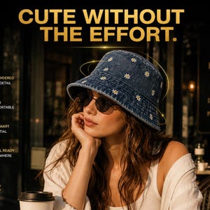 May include: A woman wearing a denim bucket hat with embroidered daisy details and sunglasses. The hat is part of a sun-smart essential travel-ready collection. The image includes the text "CUTE WITHOUT THE EFFORT."