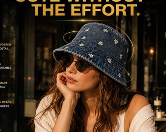 May include: A woman wearing a denim bucket hat with embroidered daisy details and sunglasses. The hat is part of a sun-smart essential travel-ready collection. The image includes the text "CUTE WITHOUT THE EFFORT."