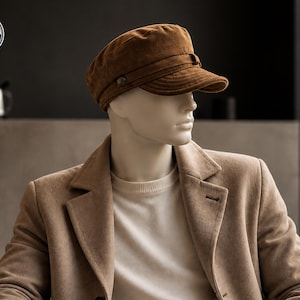 Puede incluir: Gorra estilo newsboy marrón con una pequeña visera y detalles de botones. La gorra la lleva un maniquí vestido con un abrigo color beige y un suéter color crema. El logotipo "Stylish Caps" es visible.