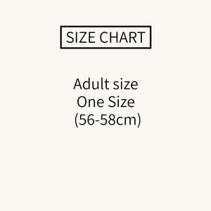 May include: A size chart with the text "SIZE CHART" in a black rectangle. Below, the text reads "Adult size, One Size (56-58cm)" in black font on a cream background.