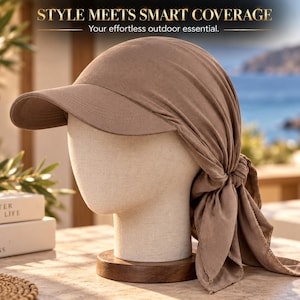 May include: A solid brown baseball cap with an attached fabric head wrap that ties at the back. The cap features a curved brim and soft, draped material covering the head. Text at the top reads: STYLE MEETS SMART COVERAGE. Your effortless outdoor essential.