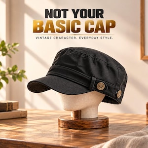 May include: A black military-style cap featuring a flat top, a short brim, and two metallic buttons on the side. The text NOT YOUR BASIC CAP and VINTAGE CHARACTER. EVERYDAY STYLE. is displayed above the cap in bold lettering.