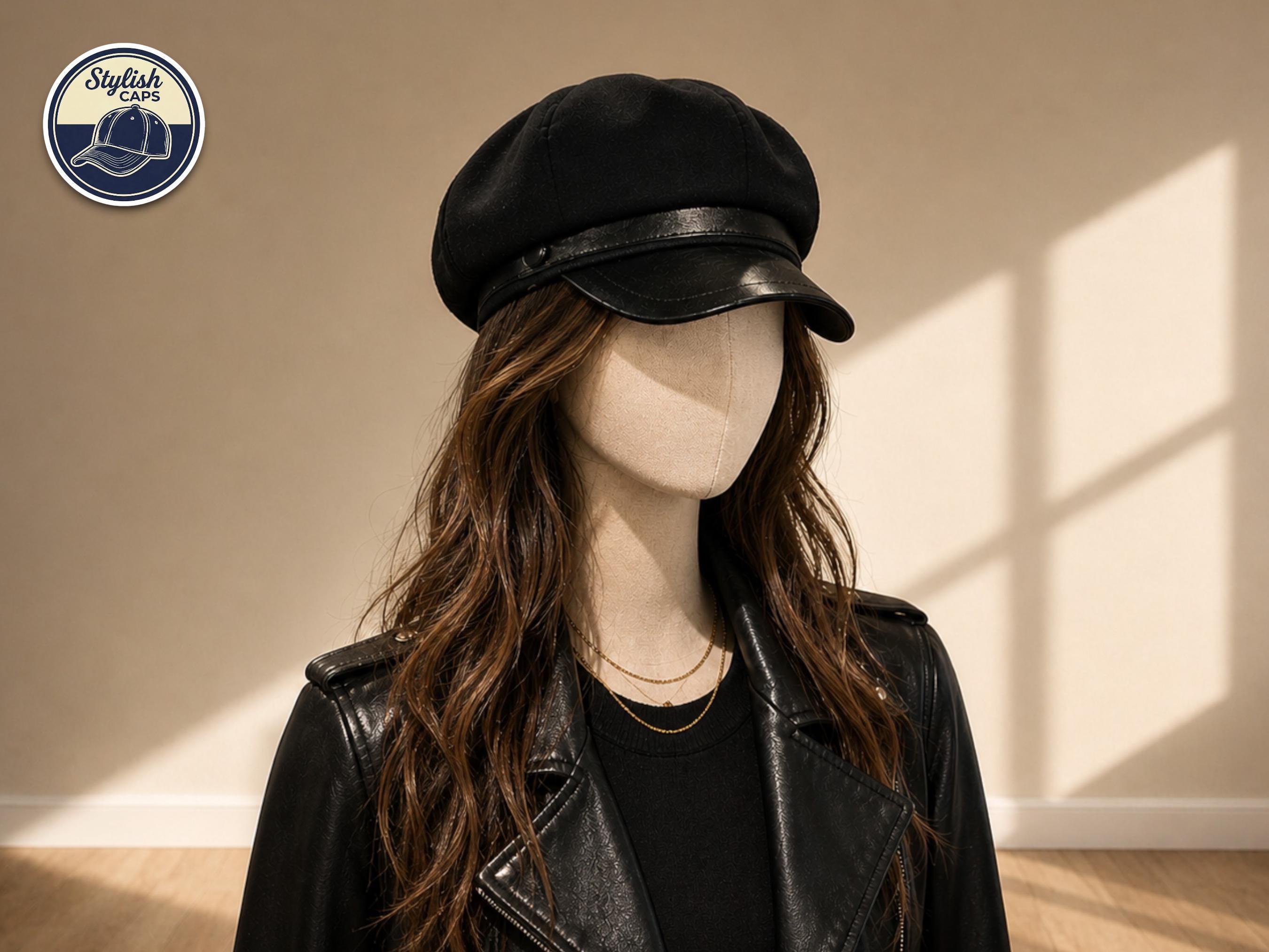 Faux Leather Newsboy Cabbie Cap with Curved Visor, Adjustable Fit, Vintage Vintage 70s Genuine Leather Flat Newsboy Cabbie Cap Hat  main image 3
