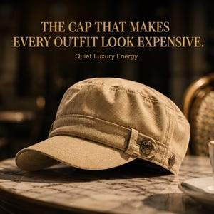 May include: A beige cap with a short peak and button detailing sits on a marble table. The image includes the text, "THE CAP THAT MAKES EVERY OUTFIT LOOK EXPENSIVE. Quiet Luxury Energy."