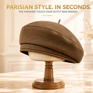 May include: A brown beret with a small stem at the top, displayed on a wooden stand. The text above reads: PARISIAN STYLE. IN SECONDS. THE FINISHING TOUCH YOUR OUTFIT WAS MISSING. The hat features a structured band and a smooth, solid-coloured fabric.