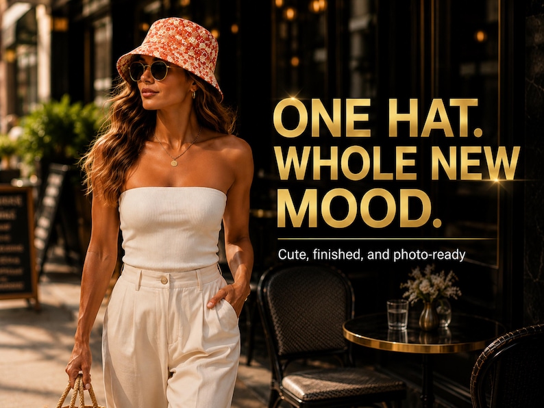 May include: A woman wearing a floral bucket hat, sunglasses, a white tube top, and beige pants. The image includes the text "ONE HAT. WHOLE NEW MOOD. Cute, finished, and photo-ready."