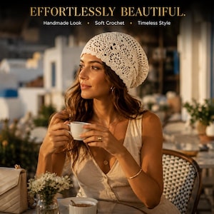 May include: An off-white crochet beanie featuring a delicate floral pattern. The text at the top reads EFFORTLESSLY BEAUTIFUL. Handmade Look • Soft Crochet • Timeless Style. The beanie has a slouchy fit and a textured, open-knit construction.