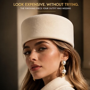 May include: A cream-colored pillbox hat with a smooth, felt-like texture. The text at the top reads: LOOK EXPENSIVE. WITHOUT TRYING. THE FINISHING PIECE YOUR OUTFIT WAS MISSING. The hat features a flat top and a structured, cylindrical shape.