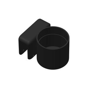 May include: A matte black cup holder featuring a cylindrical container attached to a rectangular mounting bracket. The bracket includes two small circular openings on the downward-facing side for secure installation onto a flat surface.