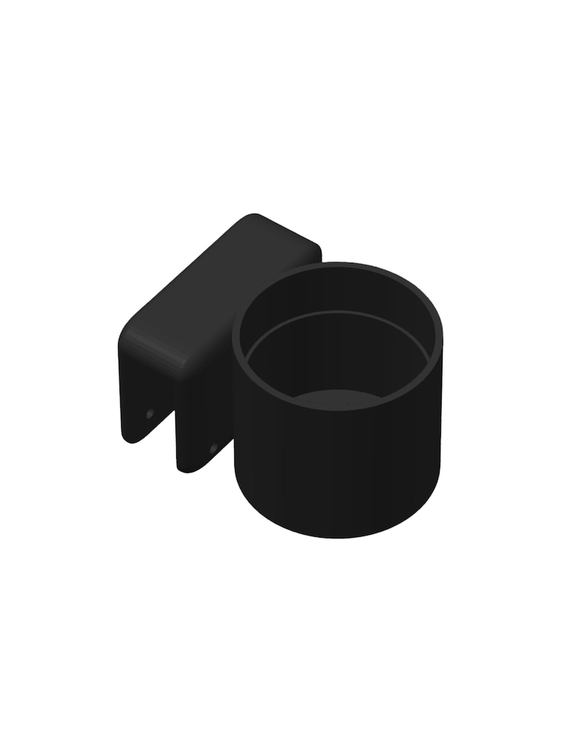 May include: A matte black cup holder featuring a cylindrical container attached to a rectangular mounting bracket. The bracket includes two small circular openings on the downward-facing side for secure installation onto a flat surface.