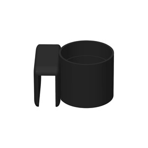 May include: A matte black cup holder featuring a cylindrical container attached to a U-shaped clip designed for mounting onto a flat edge. The accessory has a smooth, solid finish and a simple, functional construction for holding beverages securely.