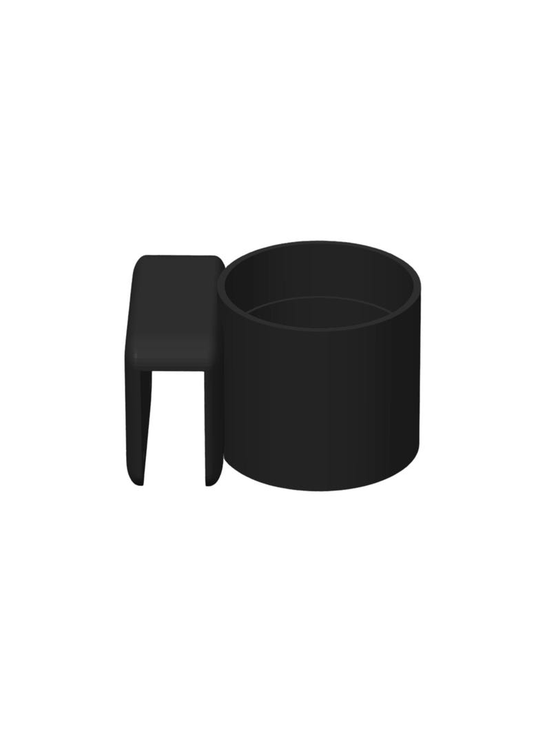 May include: A matte black cup holder featuring a cylindrical container attached to a U-shaped clip designed for mounting onto a flat edge. The accessory has a smooth, solid finish and a simple, functional construction for holding beverages securely.