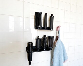 Soporte de pared compatible con Dyson Airwrap | Soporte para dispositivo y accesorios | Organizador de pared para moldeador de cabello (Negro/Blanco)