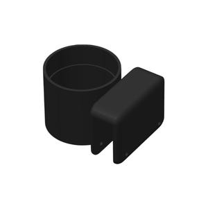 May include: A matte black cup holder attachment featuring a cylindrical container connected to a U-shaped mounting bracket. The bracket includes two small circular openings on the side for secure installation onto a flat surface edge.