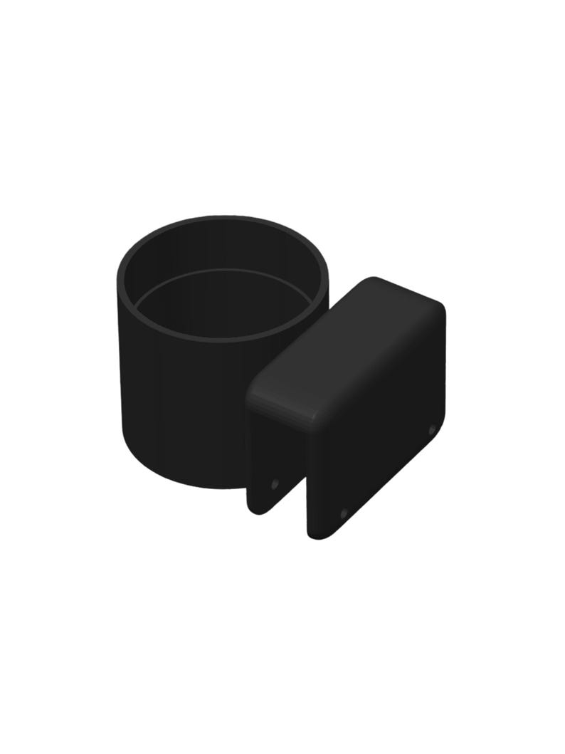 May include: A matte black cup holder attachment featuring a cylindrical container connected to a U-shaped mounting bracket. The bracket includes two small circular openings on the side for secure installation onto a flat surface edge.