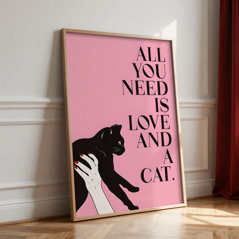 Black Cat Pop Art Print | Minimalist Pink Wall Decor, Modern Bedroom ...