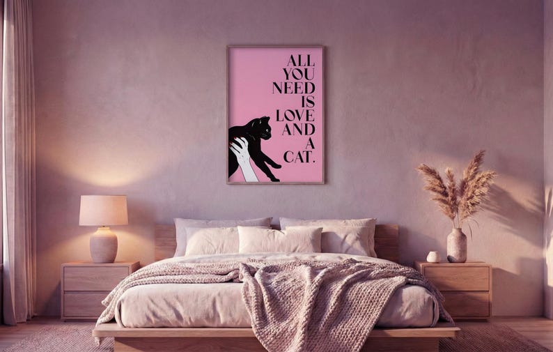 Black Cat Pop Art Print | Minimalist Pink Wall Decor, Modern Bedroom ...