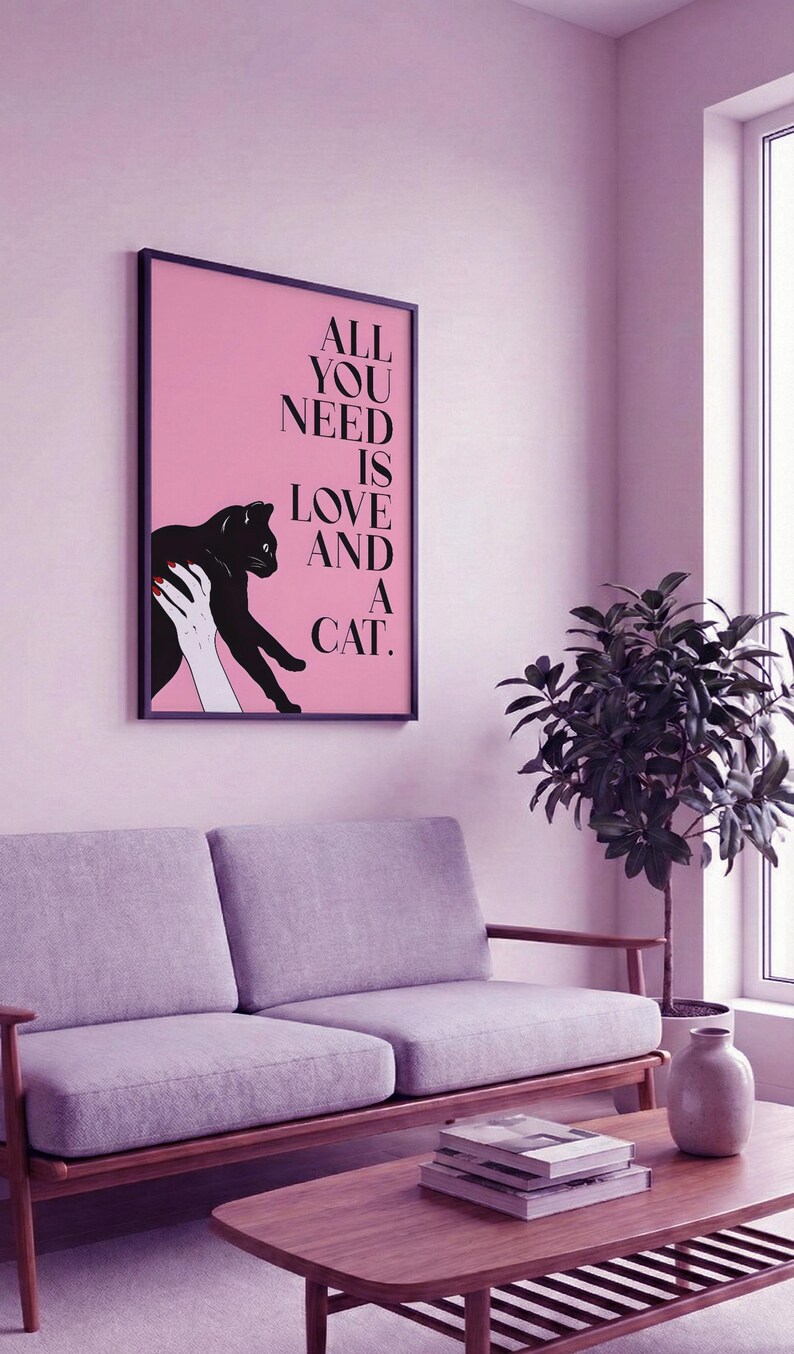 Black Cat Pop Art Print | Minimalist Pink Wall Decor, Modern Bedroom ...