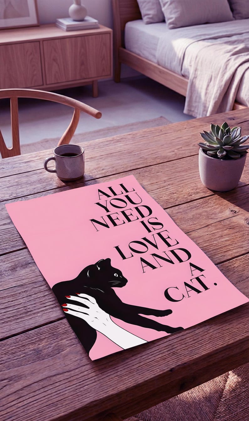 Black Cat Pop Art Print | Minimalist Pink Wall Decor, Modern Bedroom ...