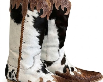 Handcrafted Cowhide Cowboy Boots, Tooled Floral Leather Western Riding Boots